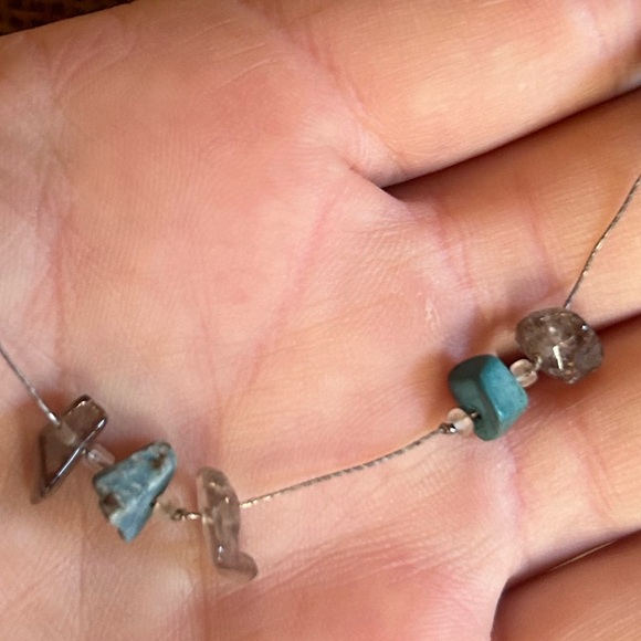 Turquoise and amethyst chip bead necklace on silver tone wire- handmade - Picture 6 of 9